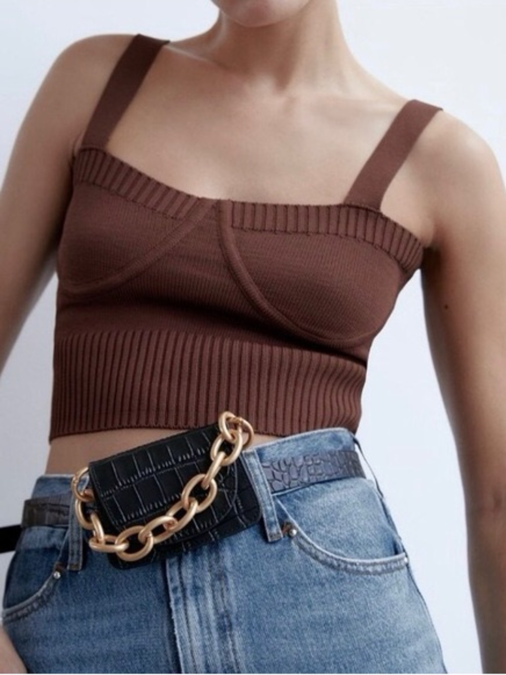ZARA Brown Ribbed Knit Crop Tank Top